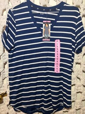 GAP Navy and White Striped V-Neck Tee